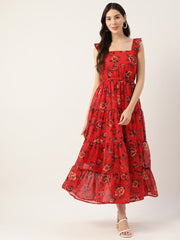 Red Floral Printed Tiered Detailed Square Neck Fit & Flare Dress