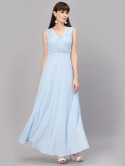 V-Neck Fit & Flare Georgette Dress (sky blue)