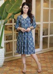 TRENDY INK BLUE FLORAL GATHERED COTTON DRESS