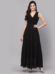 V-Neck Fit & Flare Georgette Dress (BLACK)