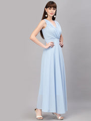 V-Neck Fit & Flare Georgette Dress (sky blue)