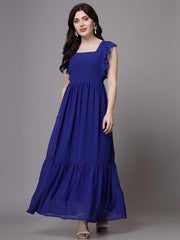 Swiss-Dot Square-Neck Tiered Dress ( BLUE )