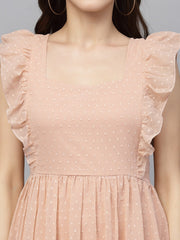 Swiss-Dot Square-Neck Tiered Dress ( peach )