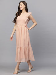 Swiss-Dot Square-Neck Tiered Dress ( peach )