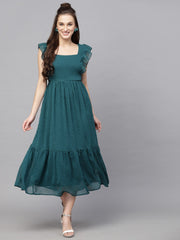 Swiss-Dot Square-Neck Tiered Dress ( BOTTLE GREEN )