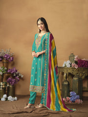 Floral Embroidered Regular Pure Silk Straight Kurta with Trousers & Dupatta