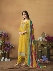 Floral Embroidered Regular Pure Silk Straight Kurta with Trousers & Dupatta