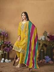 Floral Embroidered Regular Pure Silk Straight Kurta with Trousers & Dupatta