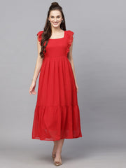 Swiss-Dot Square-Neck Tiered Dress ( RED )