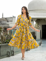 HIR's Yellow Safari Puff Sleeves Midi Dress