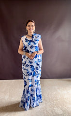 White & Blue Ombre Georgette Printed gown saree