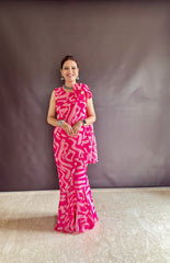 Pink Serenity themed printed Georgette material based gown saree