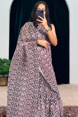 1-Minute Ready To Wear Georgette Gown Saree in white colour with black lining print