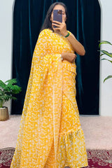 1-Minute Ready To Wear Georgette Gown Saree in yellow bandhni