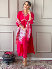 MAYA VISCOSE CHANDERI PATTERN SUIT SET