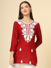 Red Floral Embroidered Chikankari Short kurti