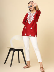 Red Floral Embroidered Chikankari Short kurti