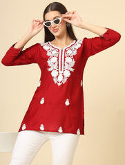 Red Floral Embroidered Chikankari Short kurti