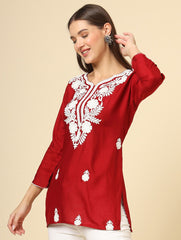 Red Floral Embroidered Chikankari Short kurti