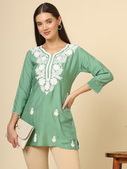 Pista Floral Embroidered Chikankari Short kurti