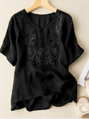 Women Cotton Casual Short Sleeve Shirt Blouse Jacquard Embroidery O-Neck Curved Hem Plus Size Loose Casual Tops (Black)