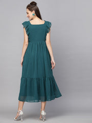 Swiss-Dot Square-Neck Tiered Dress ( BOTTLE GREEN )