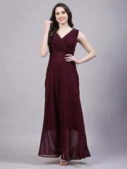 V-Neck Fit &amp; Flare Georgette Dress (MAROON)