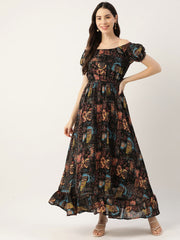 Women's Floral Gown with Dark Theme Colors