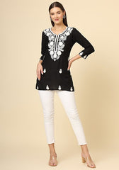 Women Black Resham Embroidered Rayon Kurta