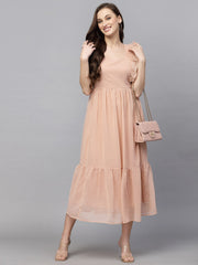 Swiss-Dot Square-Neck Tiered Dress ( peach )