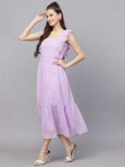 Swiss-Dot Square-Neck Tiered Dress ( LILAC )