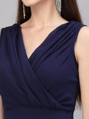 V-Neck Fit & Flare Georgette Dress (NAVY BLUE)