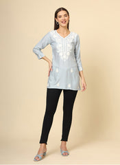 Light Gray Floral Embroidered Chikankari Short kurti