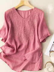 Women Cotton  Casual Short Sleeve Shirt Blouse Jacquard Embroidery O-Neck Curved Hem Plus Size Loose Casual Tops (PINK)